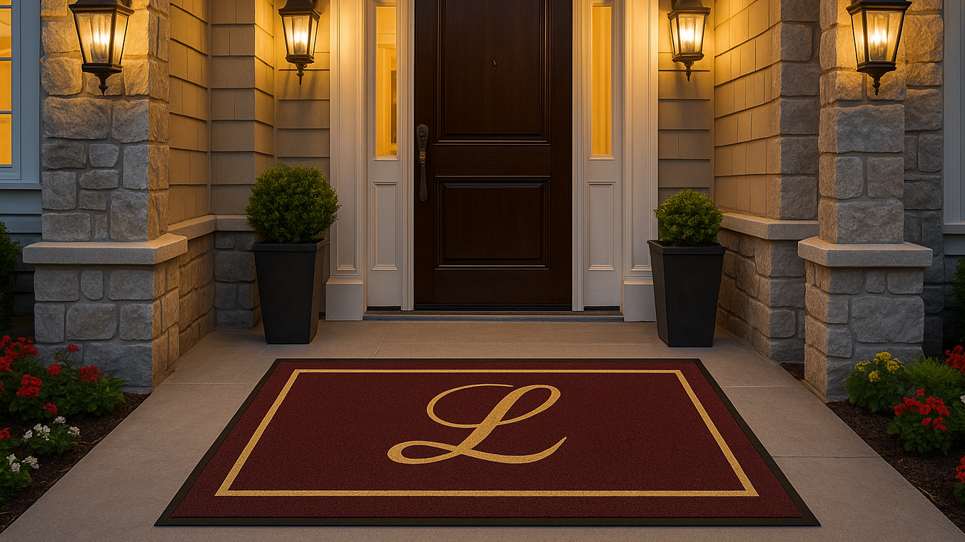 wide image of an upscale home with showcasing a nice custom logo door mat product
